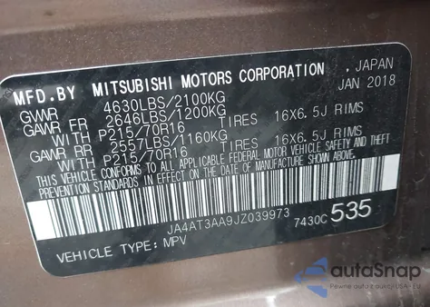 2018 Mitsubishi Eclipse Cross Es from USA, damaged, VIN JA4AT3AA9JZ039973